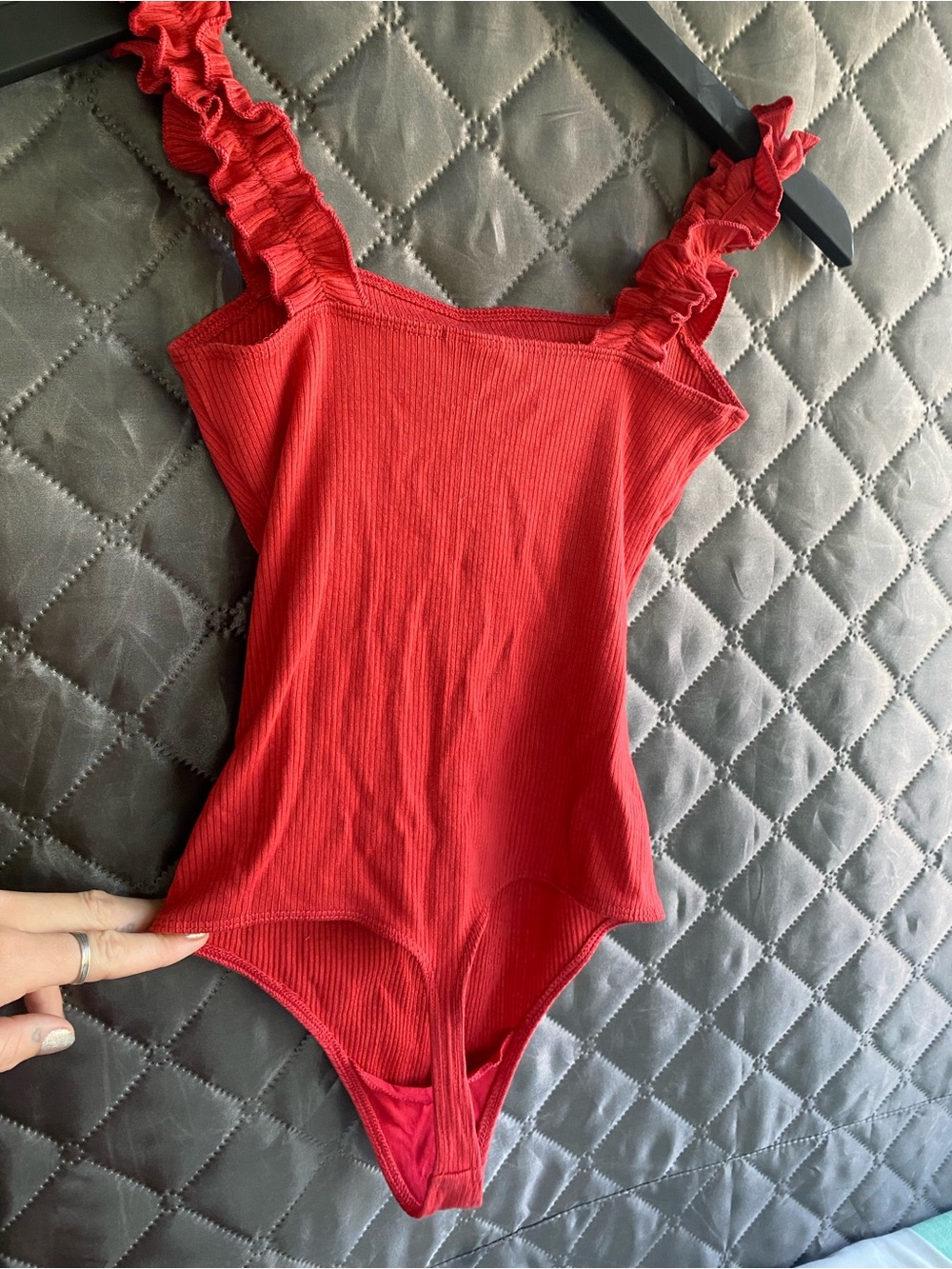 Sunday Best Red Ruffled-Strap Ribbed One-Piece Bodysuit - Picture 4 of 4